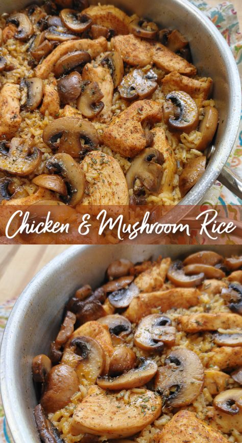 A quick and easy skillet meal with savory chicken and buttery mushrooms cooked with rice in one pan. Caramel Chocolate Chip Bars, Texas Roadhouse Chicken, Chicken And Mushroom Rice, Buttery Mushrooms, Chicken Mushroom Rice, Best Pumpkin Cheesecake, Golden Mushroom, Chicken And Mushroom, Easy Skillet Meals