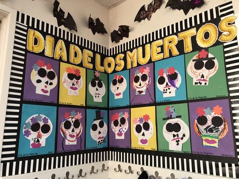 Day of the dead bulletin board! #diadelosmuertos #dayofthedead #coco #classroom #classroomdecor #bulletinboards #sugarskull #craft #preschool Daycare Door Ideas, Elementary School Counseling Office, Spanish Heritage Month, November Decor, April Lesson Plans, October Lesson Plans, Class Door Decorations, Halloween Classroom Door, Craft Preschool