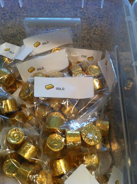 Gold...rolos :)  Had kids mine in our woods in the dirt (no they weren't really digging...just placed on the dirt...) Digging For Gold Birthday Party, Vbs Mining Theme, Gold Rush Decorations, Mining Themed Party, Gold Mine Decorations, Gold Rush Birthday Party, Gold Mining Birthday Party, Gold Rush Theme, Mining Birthday Party