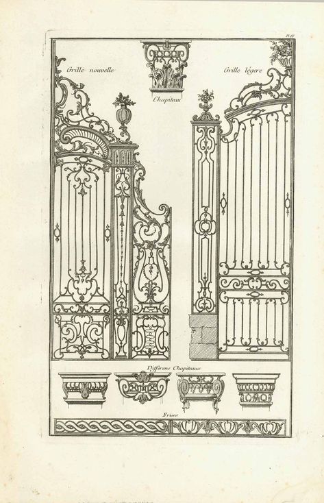 Architecture, architectural elements, Wrought Iron Gates - Capitals – Philographikon Antique Maps and Prints Victorian Iron Gates, Artneuvo Design, Wrought Iron Designs, Old Mansions Interior, Architecture Elements, Copper Etching, Wrought Iron Fence, Indian Temple Architecture, Wrought Iron Decor