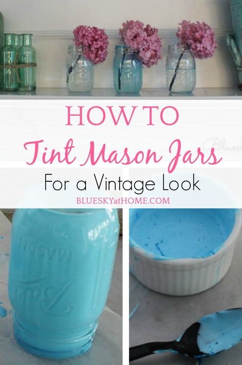 Tinting Mason Jars Diy, Tinted Mason Jars, Vintage Flea Market, Mason Jar Projects, Vintage Mason Jars, Diy Projects To Sell, Blue Mason Jars, Mason Jar Crafts Diy, Decorated Jars