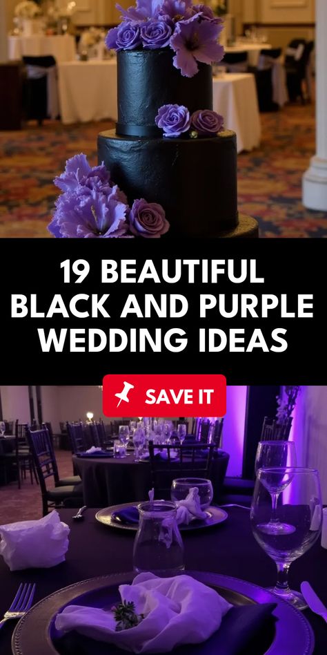 Discover 19 beautiful black and purple wedding ideas showcasing a stylish combination of colors. This pin highlights black table settings with purple napkins and an elegant wedding cake. Perfect for brides planning a sophisticated backdrop for their big day. The pin features 2 captivating images. Purple Black White And Silver Wedding, Purple Ceremony Arch, November Wedding Decorations, Black White And Silver Wedding, Purple Dessert Tables, Black And Purple Wedding, Purple Napkins, Purple Cake Pops, Purple Favors