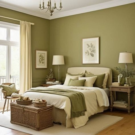 Bedroom Olive Green, Olive Green Couches, Olive Bedroom, Green Contrast Color, Olive Green Bedrooms, Cream Bedroom, Cream Bedrooms, Styling Bookshelves, Olive Green Walls