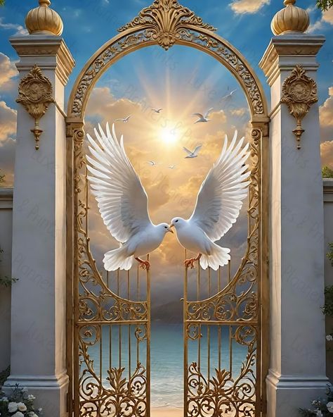 Doves Flying To Heaven, Heaven Gates, Heaven Design, Heaven Pictures, Car Part Art, Gates Of Heaven, Cloud Background, Alice In Wonderland Drawings, Zeus And Hera