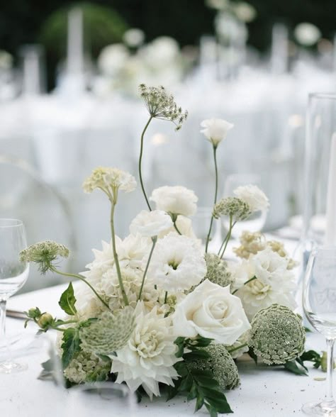 White Bday Party, Round Centerpieces, Green And White Wedding Flowers, Wedding Ideas Simple, Wedding Reception Styling, White Wedding Florals, Floral Tablescape, Romantic Reception, Wildflower Centerpieces