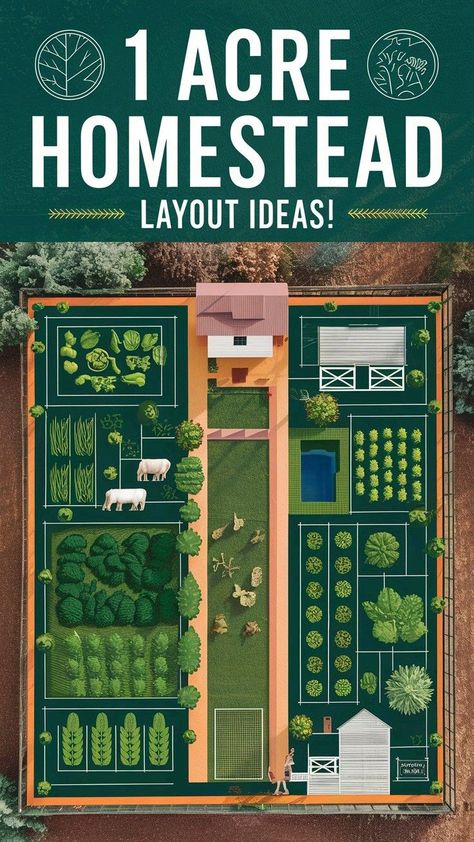 1 Acre Farm House Design One Acre Garden, 30 Acre Farm Layout, 10 Acres Of Land Layout, Homestead Blueprint, Homestead Layout 10 Acre, One Acre Homestead, Farm Garden Ideas Landscaping, 3 Acre Homestead Layout, Sustainable House Design Eco Friendly