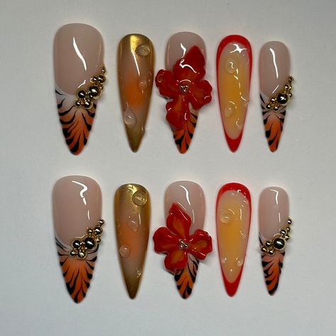 scorched summer long stiletto gel press on nails -  #Gel #Long #Nails #Press #scorched #Stiletto #Summer Red And Yellow Nails Acrylic, Red Ruby Nails, 3d Fall Nail Designs, Orange Themed Nails, Yellow And Red Nails, Fall Gel X Nails, Orange And Red Nails, Red And Orange Nails, Orange Spring Nails