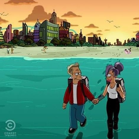 “Meanwhile”: Fry and Leela’s life together in frozen time. | 14 Of The Saddest "Futurama" Moments, Ranked From Least Devastating To Most Devastating Fry X Leela, Fry And Leela, Fry Futurama, Matt Groening, Paul Rudd, American Dad, Futurama, Comedy Central, Nerd Alert