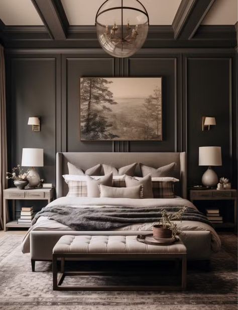 Midtone Bedroom, Non White Bedroom Ideas, Dark Navy Bedroom Accent Wall, Primary Bedroom Design Ideas, Boutique Hotel Bedroom Inspiration, Dark And Moody Bedroom Ideas, Color Drenching Bedroom Moody, Modern Farmhouse Bedroom Master Suite Vaulted Ceilings, Elegant Bedroom Ideas Luxury Master Suite Interior Design