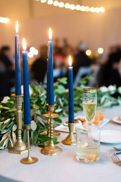 Elegant Navy Blue Candlesticks with Gold Candle Holders Reception Decor Navy Candles, Blue Taper Candles, Vintage Wedding Centerpieces, Blue Christmas Decor, Gold Candle Sticks, Centerpiece Table, Pennsylvania Wedding, Blue Nail, Wedding Inspiration Board