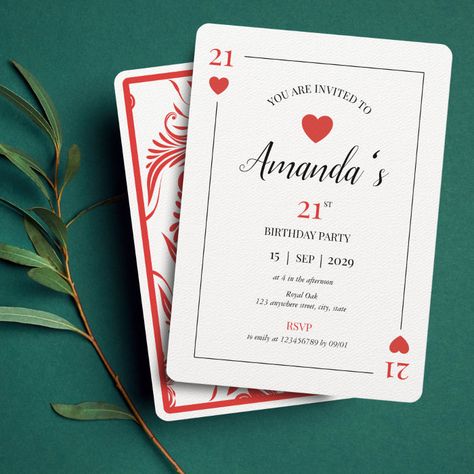 Hearts Playing Card 21st Birthday Invitation - Birthday Invitation Vegas Theme Party Invitations, Deck Of Cards Themed Party, Vegas Birthday Theme, Casino Glamour, Casino Gala, Playing Card Invitation, Jay Birthday, Vegas Christmas, Masquerade Event