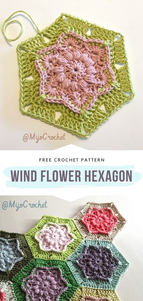 Wind Flower Hexagon Free Crochet Pattern  Crochet windflowers look best when mixed and matched in many different color combinations, evidently. Can you imagine a flowery bedspread or a cheerful lapghan based on this outstanding pattern?  #crochethexagon #crochetflower #crochetblanket #freecrochetpattern