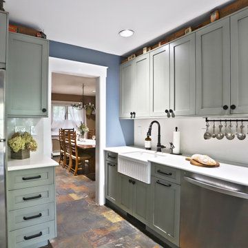 75 Beautiful Kitchen with Green Cabinets and Slate Floors Ideas & Designs - March 2023 | Houzz AU Slate Floor Kitchen Green Cabinets, Green Slate Kitchen, Slate Floors Kitchen, Kitchen With Slate Floors, Kitchen With Slate Floor, Slate Kitchen Floor, Kitchen With Green Cabinets, Slate Floor Kitchen, Slate Floors