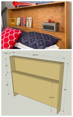 DIY Storage Headboard :: Get the FREE PLANS for this project and many others at buildsomething.com King Bookcase Headboard Diy, Diy Platform Bed With Headboard Storage, Diy Shelf Headboard Ideas, Storage Bedhead Ideas, Bed Head With Shelves, Bedroom Save Space Ideas, Diy Headboard With Outlets, Diy Headboard With Usb Port, Padded Headboard With Shelf