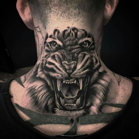 Back piece by Bobby Loveridge, U.K Throat Tattoo, Light Tattoo, Back Of Neck Tattoo, Neck Tattoo For Guys, Doodle Tattoo, Geniale Tattoos, Stomach Tattoos, Tiger Tattoo, Arm Tattoos For Guys