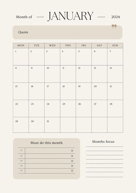 Beige Simple January 2024 Calendar A4 Document - Templates by Canva January 2025 Calendar, January 2024 Calendar, January Calendar, A4 Document, Budget Planner Template, Diy Gift Set, 2025 Calendar, 2024 Calendar, Document Templates