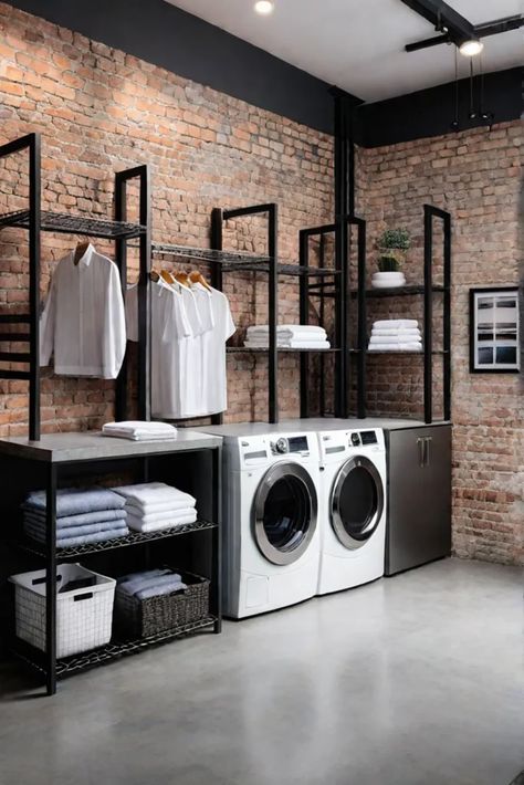 Industrial laundry room with practical storage Industrial Laundry Room Design, Commercial Laundry Room Ideas, Small Washing Room, Washing Room Ideas Laundry, Stainless Steel Laundry Room, Industrial Laundry Room Ideas, Laundry Shop Design Ideas, Laundry Room In Garage, Industrial Laundry Room