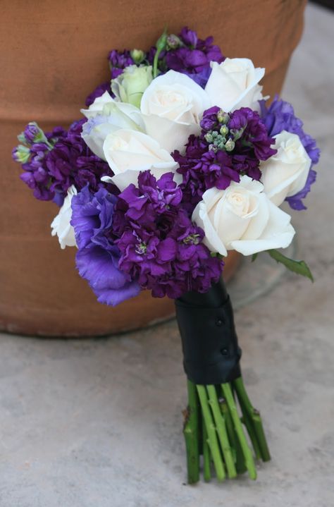 purple and white flowers with black ribbon bouquet Flowers For Purple Prom Dress, Purple Carnation Bouquet, Stock Wedding Bouquet, Prom Flowers Bouquet, Prom Bouquet, Purple Carnations, Carnation Bouquet, Boho Prom, Purple Calla Lilies