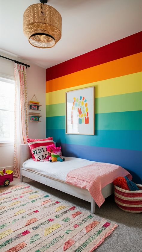 Explore chic home decor trends and modern inspirations to transform your space. Find elegant solutions and luxe accents for stylish updates. #HomeDecor #DecorTrends #LuxeInteriors Rainbow Loft Bedroom, Rainbow Bedroom Wall Paint, Rainbow Painted Room, Boys Rainbow Bedroom, Boy Rainbow Room, Playroom Wall Colors, Accent Wall Kids Room, Rainbow Bedroom Wall, Rainbow Toddler Room