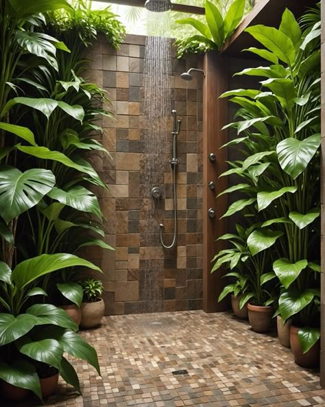 20 Refreshing Rustic Outdoor Shower Ideas To Bring The Spa To Your Backyard – ToolzView Rustic Outdoor Shower Ideas, Bali Backyard, Rustic Showers, Wooden Shower Bench, Outdoor Shower Inspiration, Stone Shower Floor, Outdoor Shower Ideas, Showers Outdoor, Rainforest Shower