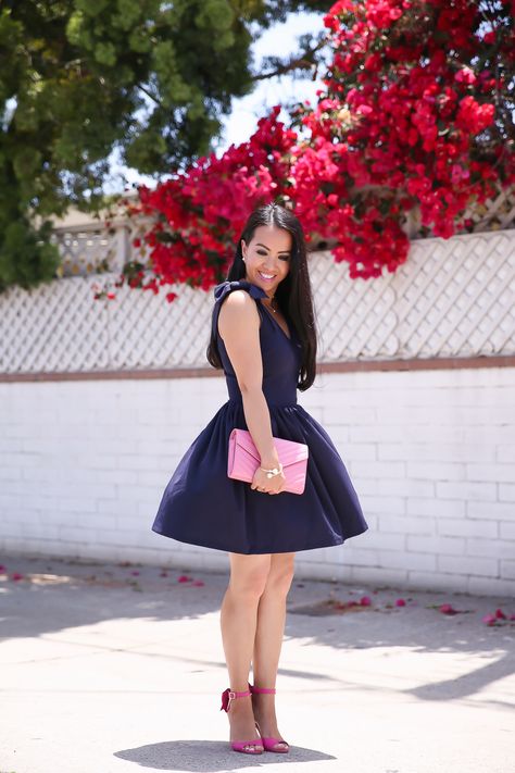 aqua navy bow shoulder flare dress pink bow pumps ysl clutch Navy Blue And Pink Outfit, Flare Dress Outfit Classy, Navy Pants Outfit, Pink Shoes Outfit, Blue Spring Dresses, Navy Dress Outfits, Navy Blue Outfit, Midnight Blue Dress, Stylish Spring Outfit