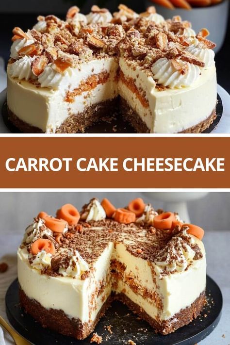 Carrot Cake Cheesecake Carrotcake Cheesecake Cake, Carrot Cake Cheesecake Cookies, Carrot Cheesecake Recipe, Creamy Cheesecake Recipes, Carrot Cake Cheesecake Cupcakes, Carrotcake Cheesecake, Carrots Recipes, Cheesecake Delight, Carrot Cake Cheesecake Recipe