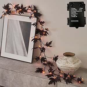 Hairui Lighted Black Maple Garland with Timer 48 LED Orange and Warm White Fairy Lights, Halloween Garland with Lights 6FT Battery Operated with 10 Functions for Fireplace Table Halloween Decoration Garland With Lights, Fireplace Table, Halloween Living Room, Warm White Fairy Lights, Table Halloween, Pre Lit Garland, White Fairy Lights, Outdoor Entryway, White Fairy