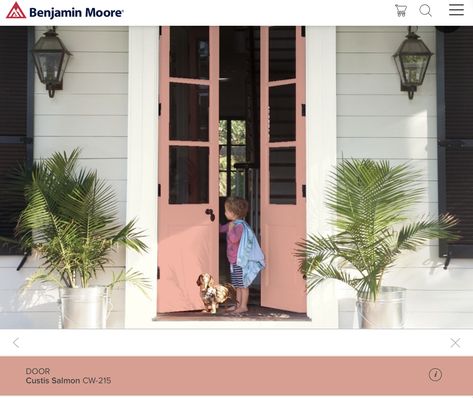 A sophisticated salmon pink for the front door Benjamin Moore Old Navy, Pink Front Door, Front Door Paint Colors, Color Combinations Paint, House Trim, Choosing Paint, Door Paint Colors, Pink Door, Painted Front Doors