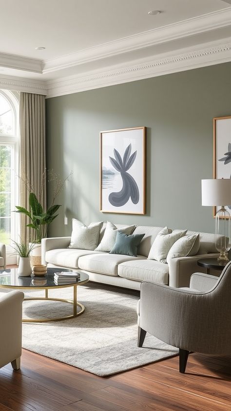 Sage Green and Grey Living Room Greige And Green Living Room, White And Sage Living Room, Sage Green Family Room, Sage And Grey Living Room, Sage Living Room Color Scheme, Grey Green Living Room, Grey And Green Living Room, Light Green Living Room, Green And Grey Living Room