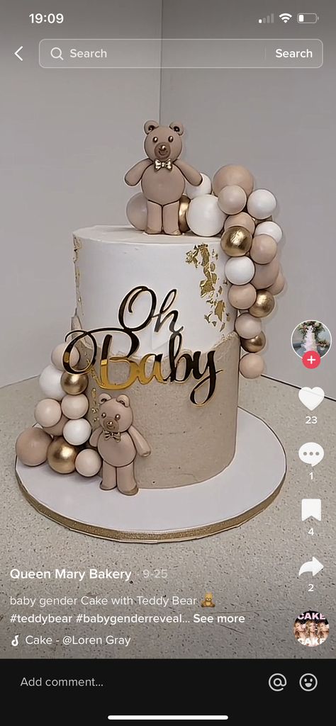 White And Brown Cake Design, Bear Theme Baby Shower Cake, Brown Gender Reveal, Neutral Gender Reveal Cake, Teddy Bear Baby Shower Cake, Unique Baby Shower Cakes, Gold Baby Shower Cake, Dedication Cake, Baby Shower Cakes Neutral