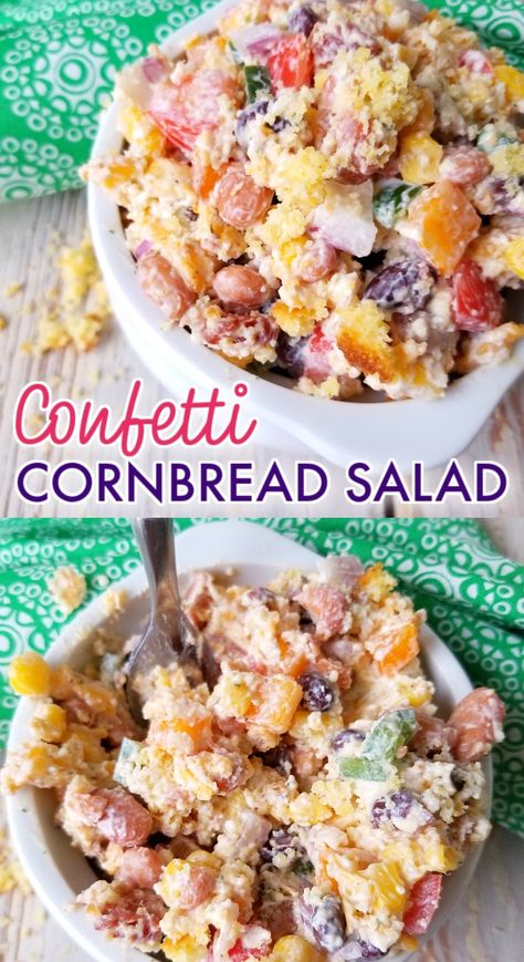 Confetti Cornbread Salad! A kaleidoscope of crisp bacon and diced fresh vegetables, creamy beans and shredded cheese tossed with sour cream dressing and crumbled cornbread in a bright, beautiful, fun salad perfect for potlucks, picnics and Sunday dinner. Confetti Cornbread, Recipe Cornbread, Sour Cream Dressing, Sour Cream Ranch Dressing, Creamy Beans, Cornbread Salad, Squash Casserole Recipes, Southern Cornbread, Cornbread Muffins