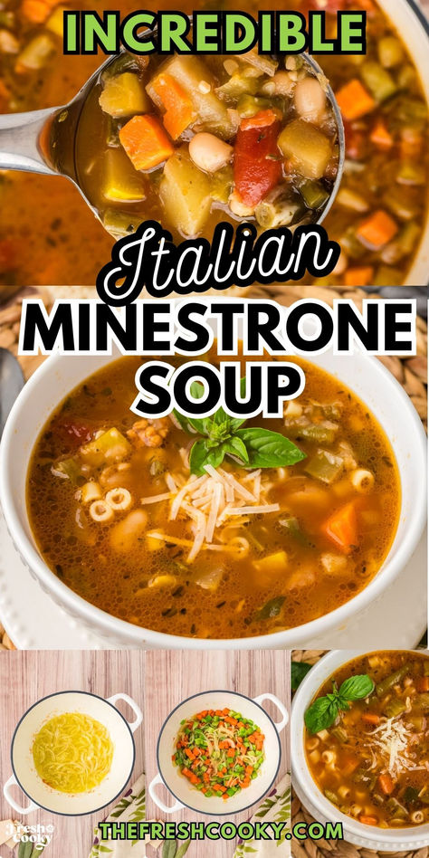 A ladle full of rich minestrone soup, a bowl of vegetable minestrone soup and showing how to make this Italian Minestrone. Taste Of Home Minestrone Soup, The Best Minestrone Soup, Italian Soup Recipes Crockpot, Prize Winning Soup Recipes, Best Minestrone Soup Recipe Italian, Best Italian Soup Recipes, Hamburger Minestrone Soup, Authentic Minestrone Soup Recipe, Minestrone Soup Recipe With Sausage