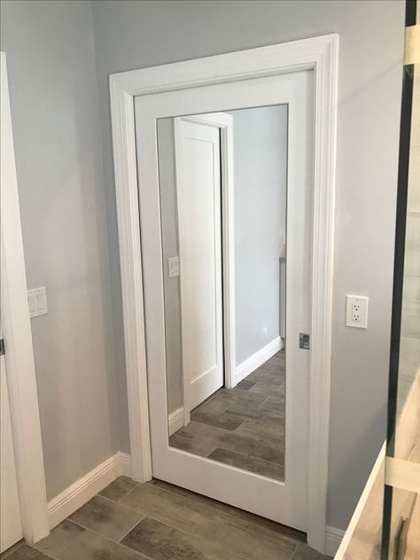 Bathroom idea! Add a full length mirror into a Madison hollow pocket door from Home Depot. Genius! Mirror Pocket Door, Pocket Doors Bathroom, Casa Clean, Door Diy, Bathroom Closet, New Toilet, Pocket Door, Bathroom Door, Diy Makeover