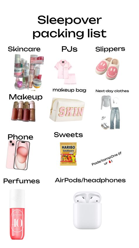 Pack w/ me for a sleepover!! X 💓💓 Things To Do On Sleepovers, Sleepover Packing, Sleepover Packing List, Pack W Me, Sleepover Essentials, Sleepover Stuff, Bestie Stuff, Pads Tampons, Fun Sleepover Ideas