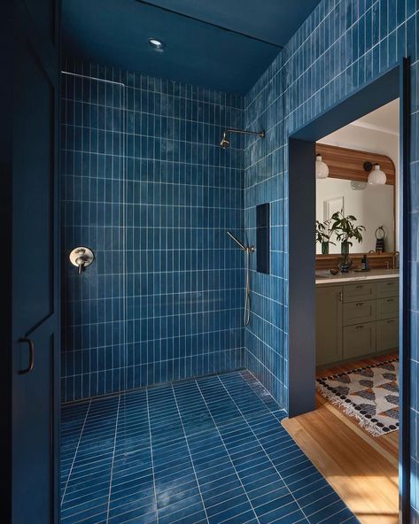 Dark Green Bathrooms, Zia Tile, Small Bathroom With Shower, Mid Century Bathroom, Blue Tile, Bathroom Inspiration Decor, Bathroom Redo, Blue Bathroom, Bathroom Renos