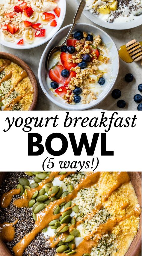 Yogurt Breakfast Bowl Ideas, Vegan Yogurt Bowl Breakfast, Vegan Yogurt Breakfast, Homemade Yogurt Bowls, Healthy Breakfast Recipes Yogurt, Green Yogurt Breakfast, Macro Friendly Greek Yogurt Recipes, Healthy Greek Yogurt Recipes Breakfast, Greek Yogurt Toppings Breakfast