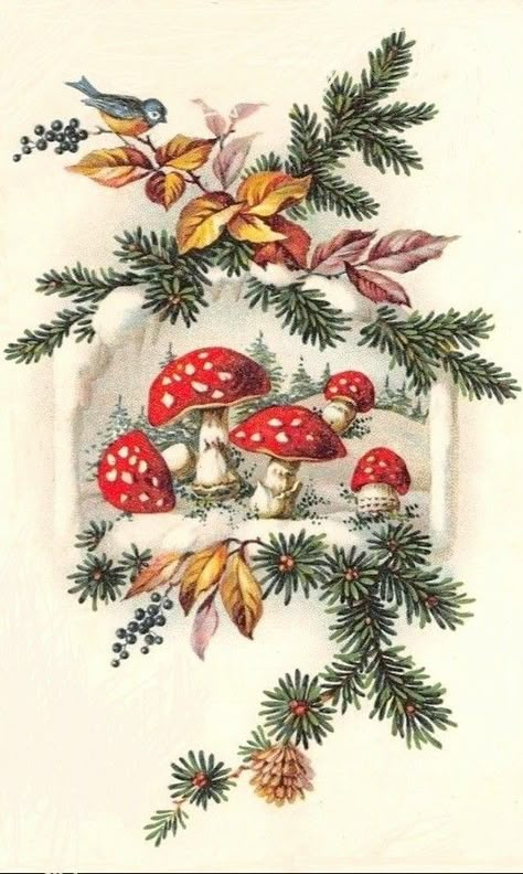 Images Noêl Vintages, Vintage Happy New Year, Mushroom Crafts, Fly Agaric, Mr Christmas, Vintage Christmas Images, Vintage Xmas, Mushroom Art, Christmas Postcard