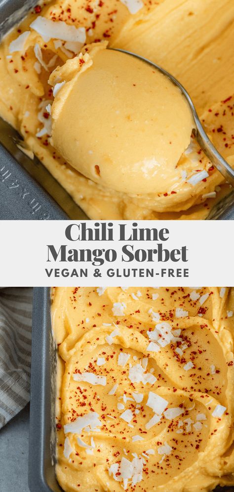 Frozen mango, coconut milk, lime zest, chili spices, maple syrup and lime in individuals bowls. Mango Healthy Dessert, Dessert With Mango, Vegan Mango Dessert, Mango Treats, Quick Vegan Desserts, Mango Sorbet Recipe, Vegan Recipes Dessert, Mango Desserts, Healthy Vegan Dessert