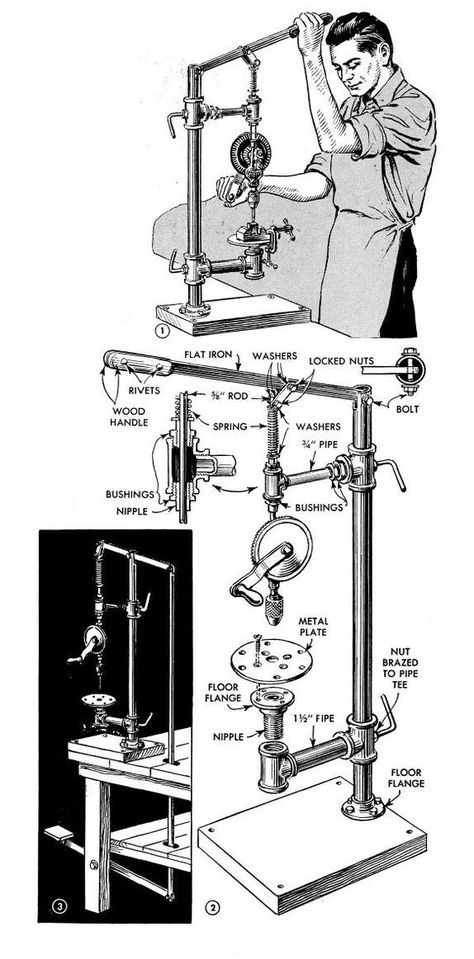 How to Build a Hand Powered Drill Press - DIY - MOTHER EARTH NEWS: Diy Tools Homemade Ideas, Drill Press Diy, Diy Drill Press, Woodworking Drill Press, Men Editorial, Antique Woodworking Tools, Drill Presses, Editorial Articles, Mother Earth News