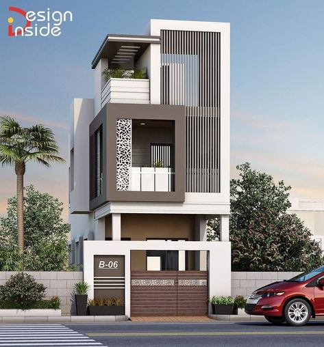 Vertical Louvers, Design Small House, Grey Colour Scheme, 3 Storey House Design, Narrow House Designs, Indian House, House Outer Design, Small House Elevation, Small House Front Design