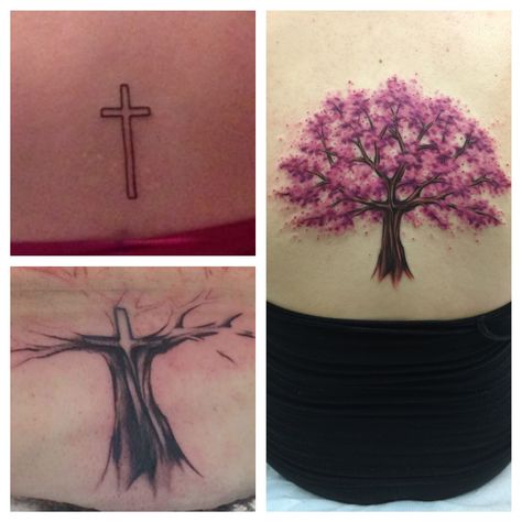 Cross cover up tattoo into Cherry Blossom tree! Tatuaje Cover Up, Butterfly Tattoo Cover Up, Tattoo Cross, Clever Tattoos, Tattoo Cover Up, Tattoo Fails, Trendy Tattoo, Gaming Tattoo, Bad Tattoos