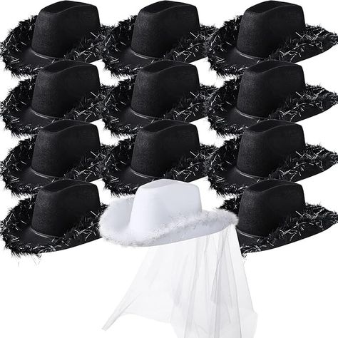 Unittype 12Pcs Cowgirl Hats Bride Cowboy Hats Bachelorette Cowboy Hat for Party Wedding Bachelorette Bridal Shower Engagement(Black, White, Feather Style) at Amazon Men’s Clothing store Cowboy Hat With Veil, Bride Cowboy Hat, Classic Cowgirl, Western Bachelorette, Hat With Veil, White Veil, Cowgirl Bachelorette, Black Cowgirl, Diy Bachelorette Party