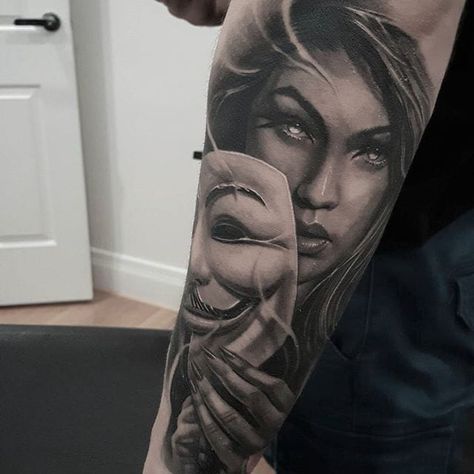 Taking the mask off. (via IG - tat2beny) #blackandgrey #benypearce #realism #portrait | Jan 28th 2017 | 325478 Portrait Tattoo Sleeve, Realism Portrait, Face Tattoos For Women, Chicano Tattoos Sleeve, Skull Girl Tattoo, Tattoo Chest, Girl Face Tattoo, Realistic Tattoo Sleeve, Forarm Tattoos