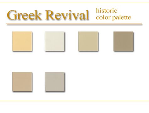 Greek Revival Color Palette, Greek Revival Exterior Paint Colors, Greek Revival Home Exterior Colors, Historic Color Palette, Greek Revival Interior Design, Greek Revival Exterior, Greek Revival Interiors, Resturant Interior, Antique Houses