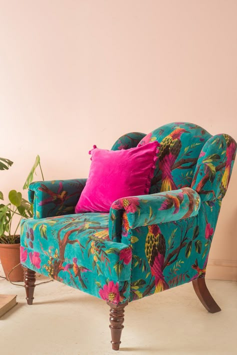 Blue Bird of Paradise Velvet Armchair                      – Ian Snow Ltd Ian Snow, Vintage Decorating Ideas, Funky Chairs, Vintage Decorating, Handcrafted Furniture, Funky Furniture, Velvet Armchair, Chair Upholstery, Bird Of Paradise