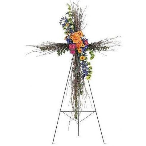 A natural birch cross decorated with colorful flowers offers faith and compassion in a simple, yet beautiful way. Cross Arrangements, Expensive Flowers, Grave Flowers, Blue Delphinium, Cross Wreath, Memorial Flowers, Cemetery Flowers, Church Flowers, Sympathy Flowers