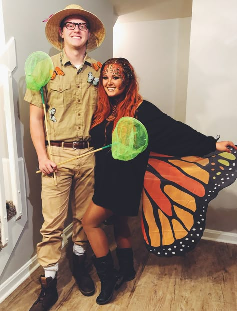 Butterfly and Butterfly catcher couples costume Cute Diy Halloween Costumes, Diy Halloween Costumes For Couples, Diy Butterfly Costume, Butterfly Catcher, Monarch Butterfly Costume, Butterfly Halloween Costume, Butterfly Halloween, Halloween Costumes Diy Couples, Costumes For Couples