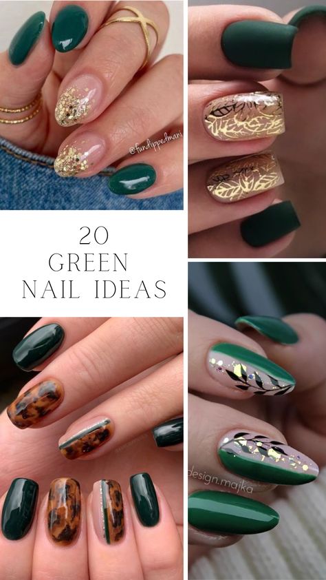 Check out our list of 20 beautiful green nail designs. Perfect for any time of year, and especially for holidays like Christmas or St. Patrick's Day. ✨ Forest Green Nails Gold Accent, Dark Green Nails With Gold Design, Green Nails Gold Tips, Hunter Green And Gold Nails, Green And Gold French Tip Nails, Green Nails With Gold Glitter, Gold And Green Nail Designs, Green Nail Designs Short, Green Tips Nails