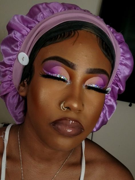 Purple And Gray Eyeshadow Looks, Lavender And Gold Makeup, Purple Prom Makeup Looks, Makeup Looks With Rhinestones, Purple Glitter Eye Makeup, Purple Prom Makeup, Lavender Makeup Looks, Purple Makeup Looks, Birthday Makeup Looks