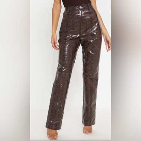 Prettylittlething Brown Faux Leather Snakeskin Straight Leg Pants. Take Your Weekend Look To The Next Level With These On Trend Pants. Featuring A Brown Faux Leather Snakeskin Fabric With A Button Fastening And Straight Leg Fit, You Can't Go Wrong In These! Style With A Brown Bodysuit And Your Highest Heels To Have All Eyes On You. Size Us 4. *Measurements Upon Request If Not Already Included. Offers Always Welcome And Considered.* *Pet Friendly, Smoke Free Home. Everything Is Washed (Unless Nwt Trend Pants, Highest Heels, Brown Bodysuit, Alligator Skin, All Eyes, Fit N Flare Dress, Pants Outfit, Straight Leg Pants, Fit & Flare